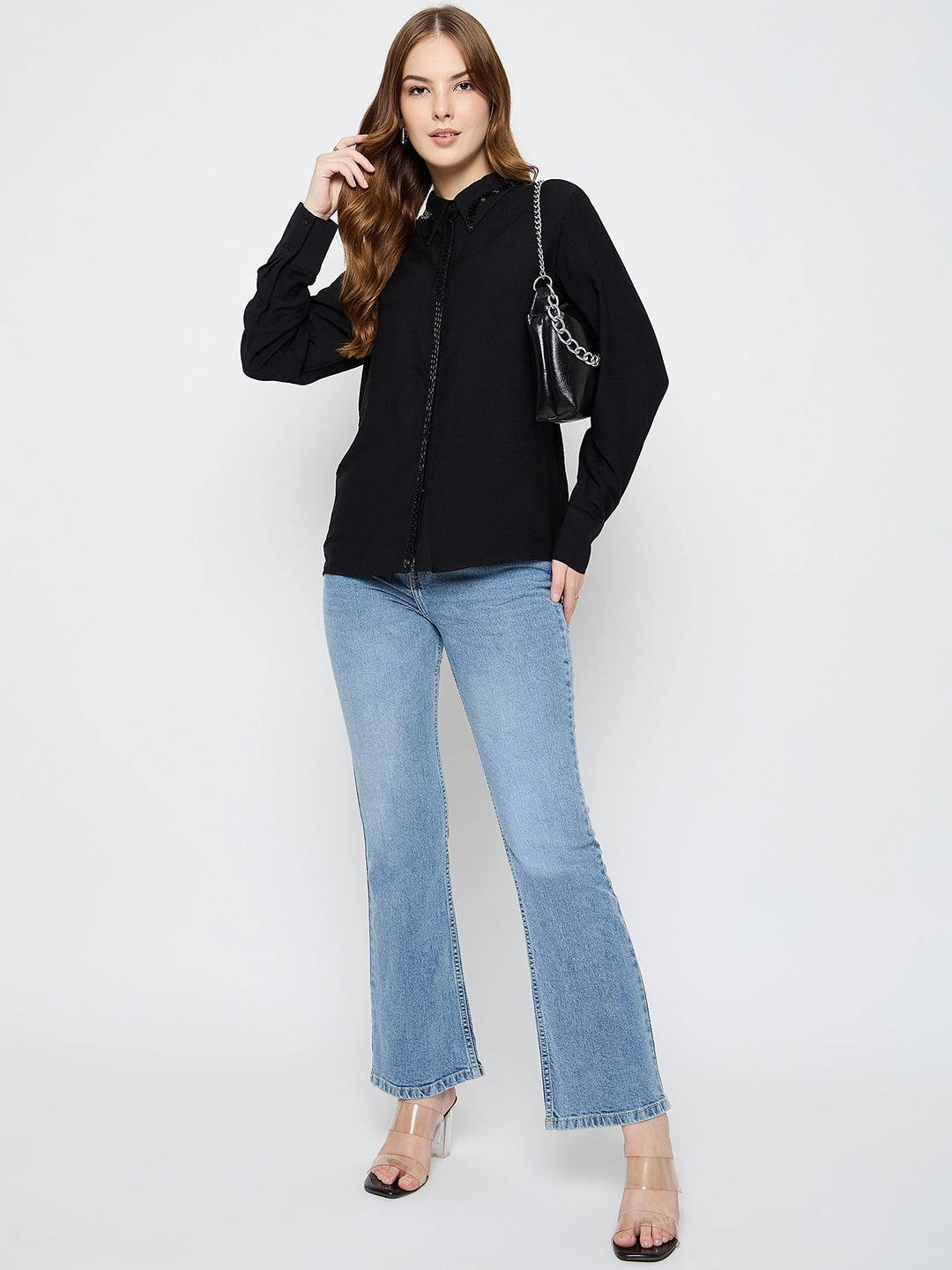 Madame Embellished Rayon Blend Black Shirt Day-To-Night Wear