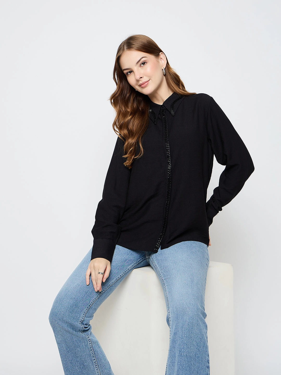 Madame Embellished Rayon Blend Black Shirt Beach Attire Vintage Wash