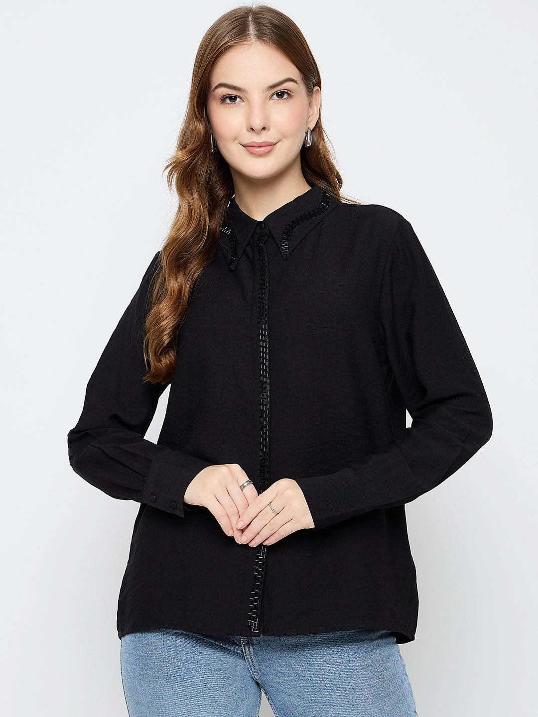 Timeless Fit Madame Embellished Rayon Blend Black Shirt