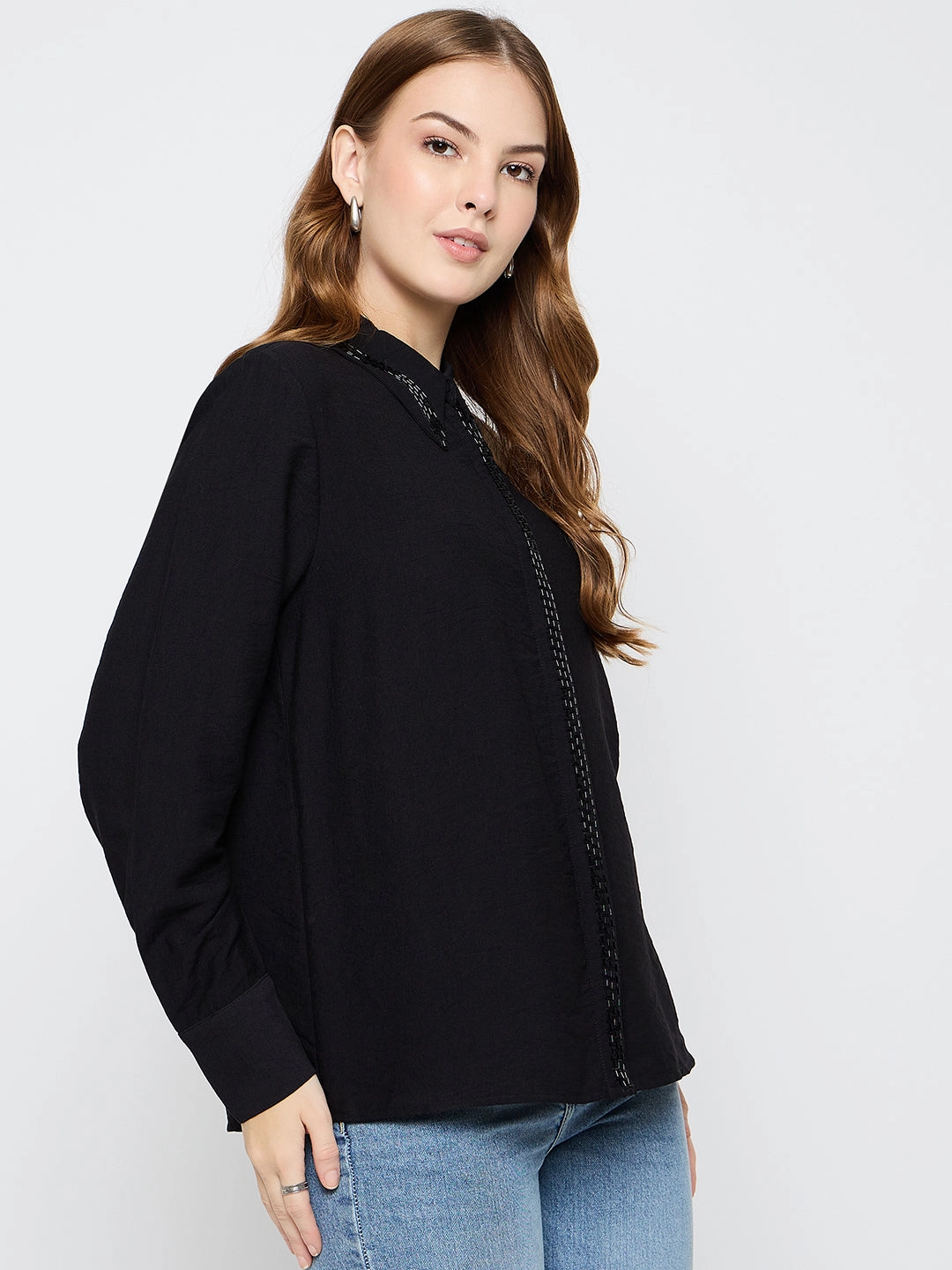 Madame Embellished Rayon Blend Black Shirt Gym Wear Versatile Piece