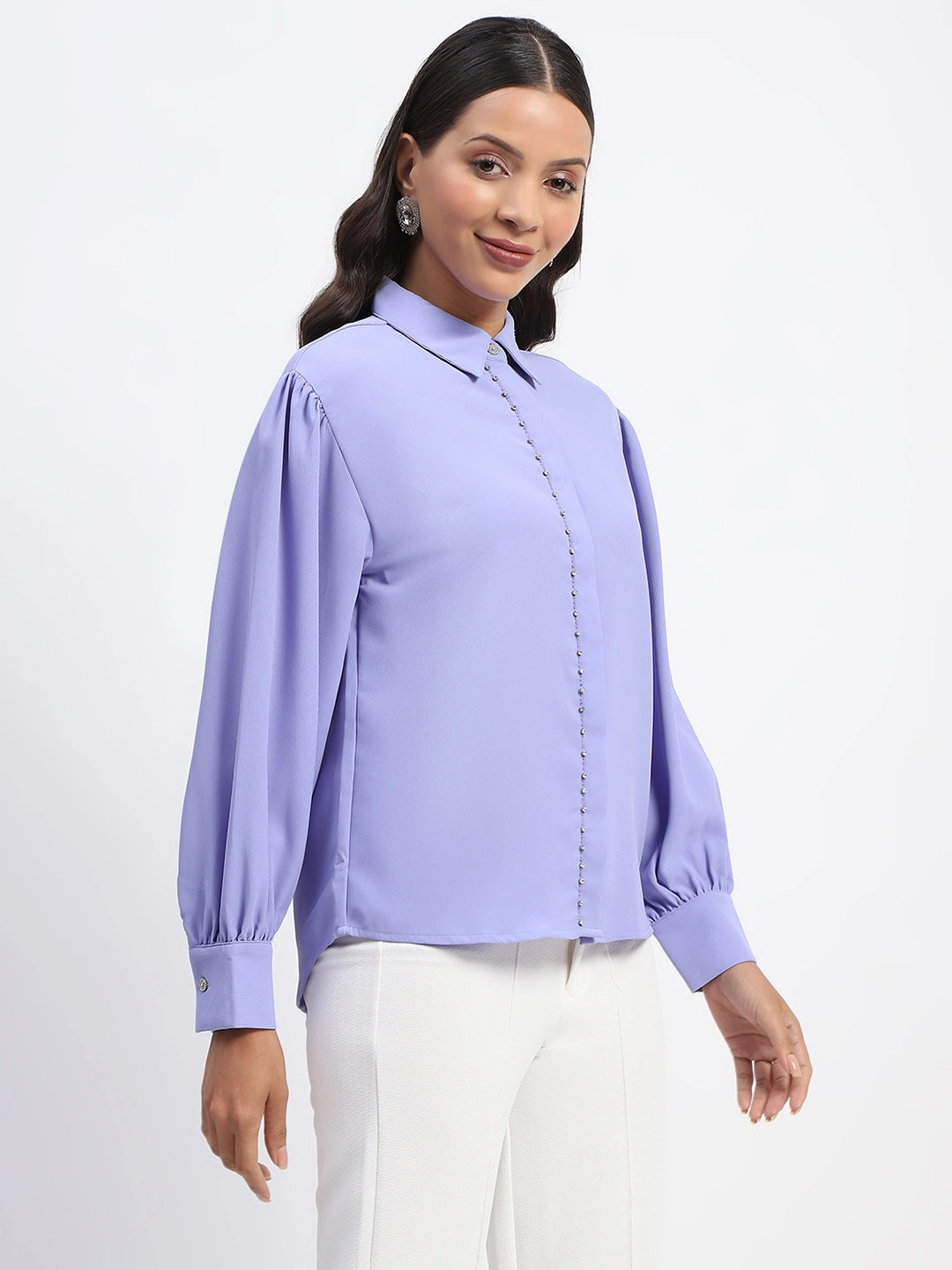 Edgy style Networking Session Madame Embellished Solid Mauve Shirt