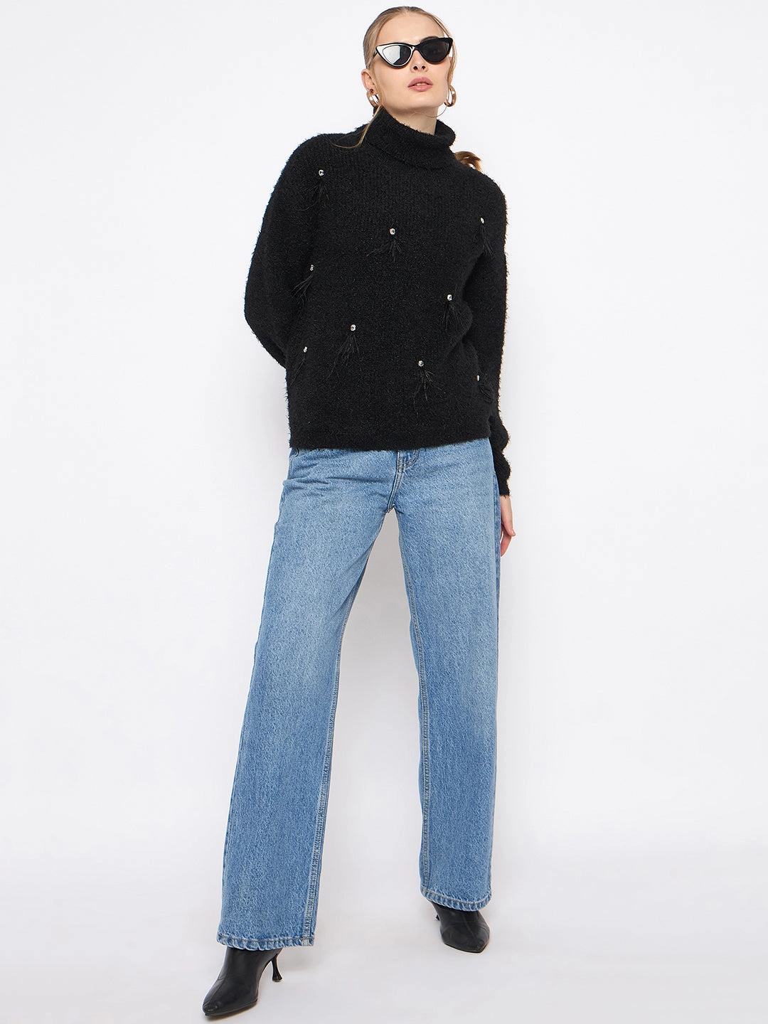 Cable Stitch Madame Embellished Turtleneck Black Sweater