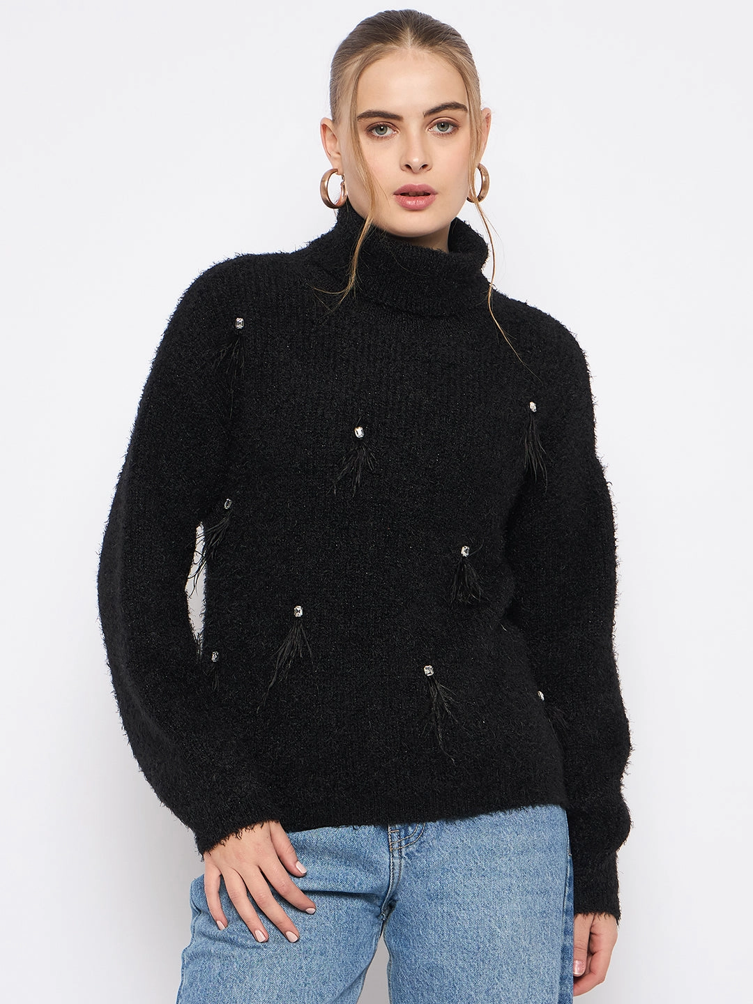 Madame Embellished Turtleneck Black Sweater Durable Reinforced Elbows Breathable Look