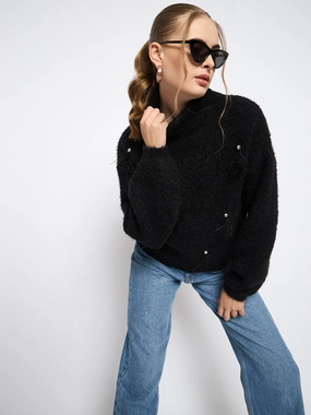 Madame Embellished Turtleneck Black Sweater Knit Fit