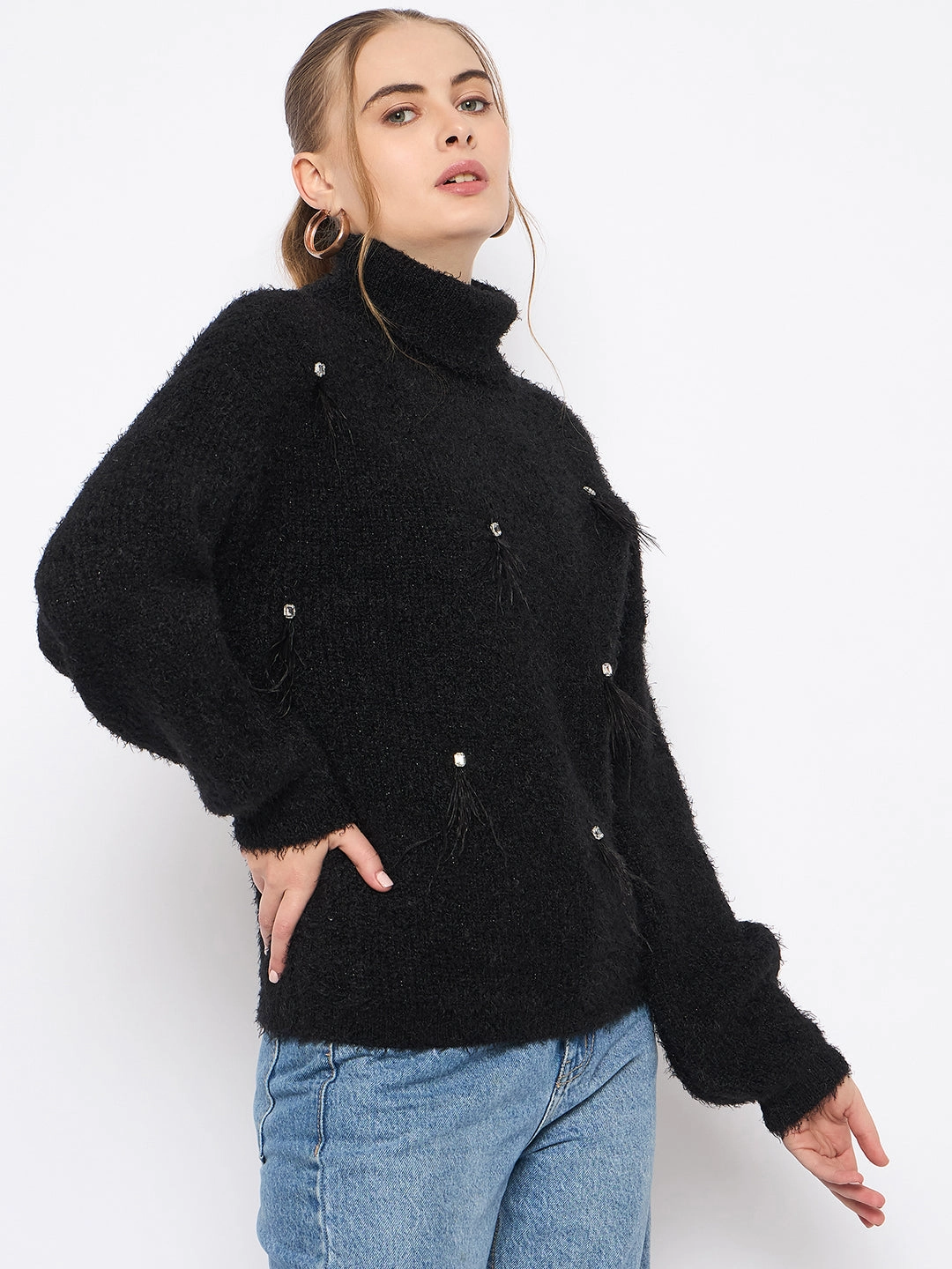 Snuggle Layers Madame Embellished Turtleneck Black Sweater