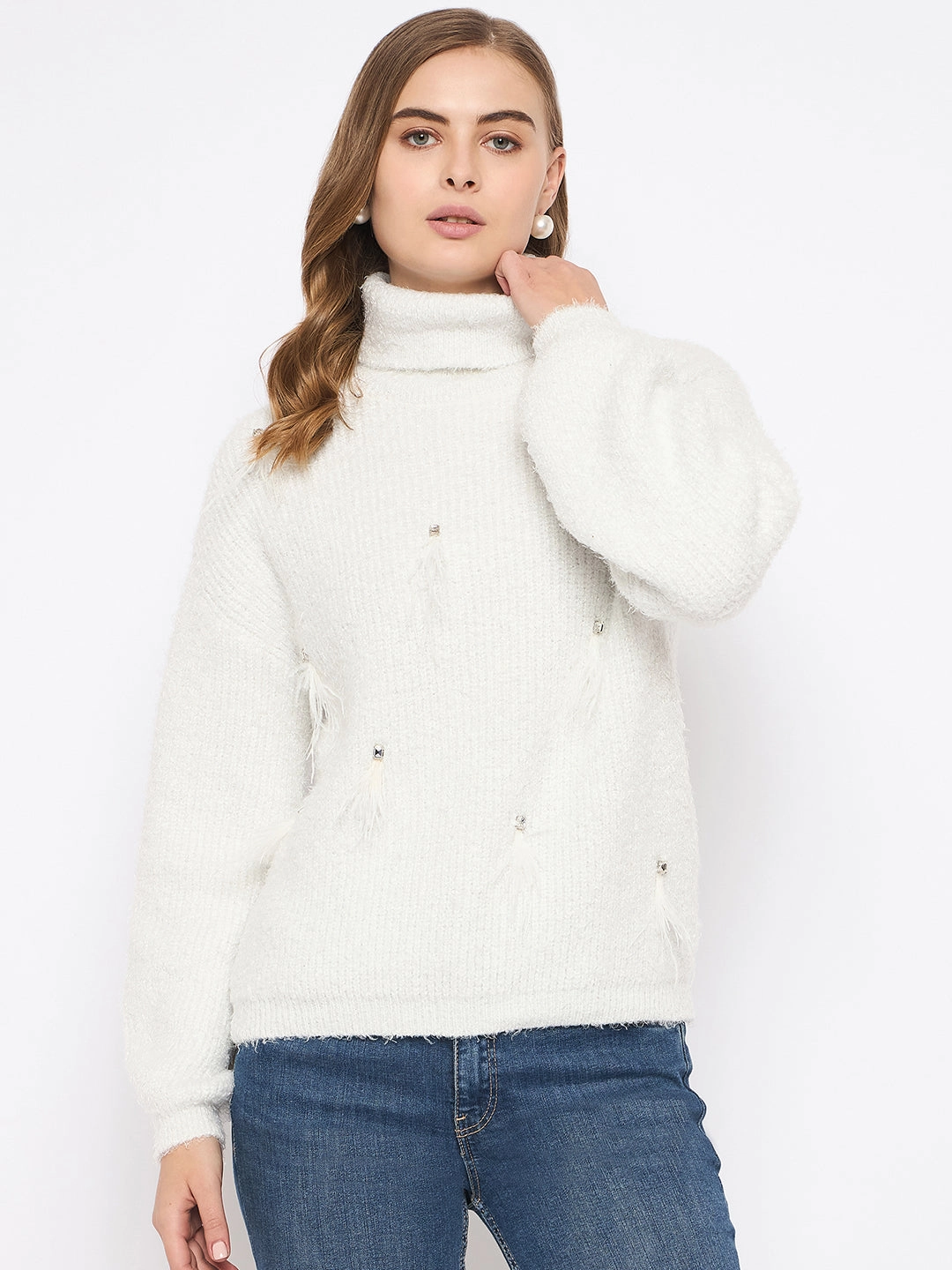 Soft and Cozy Knit Madame Embellished Turtleneck Off White Sweater