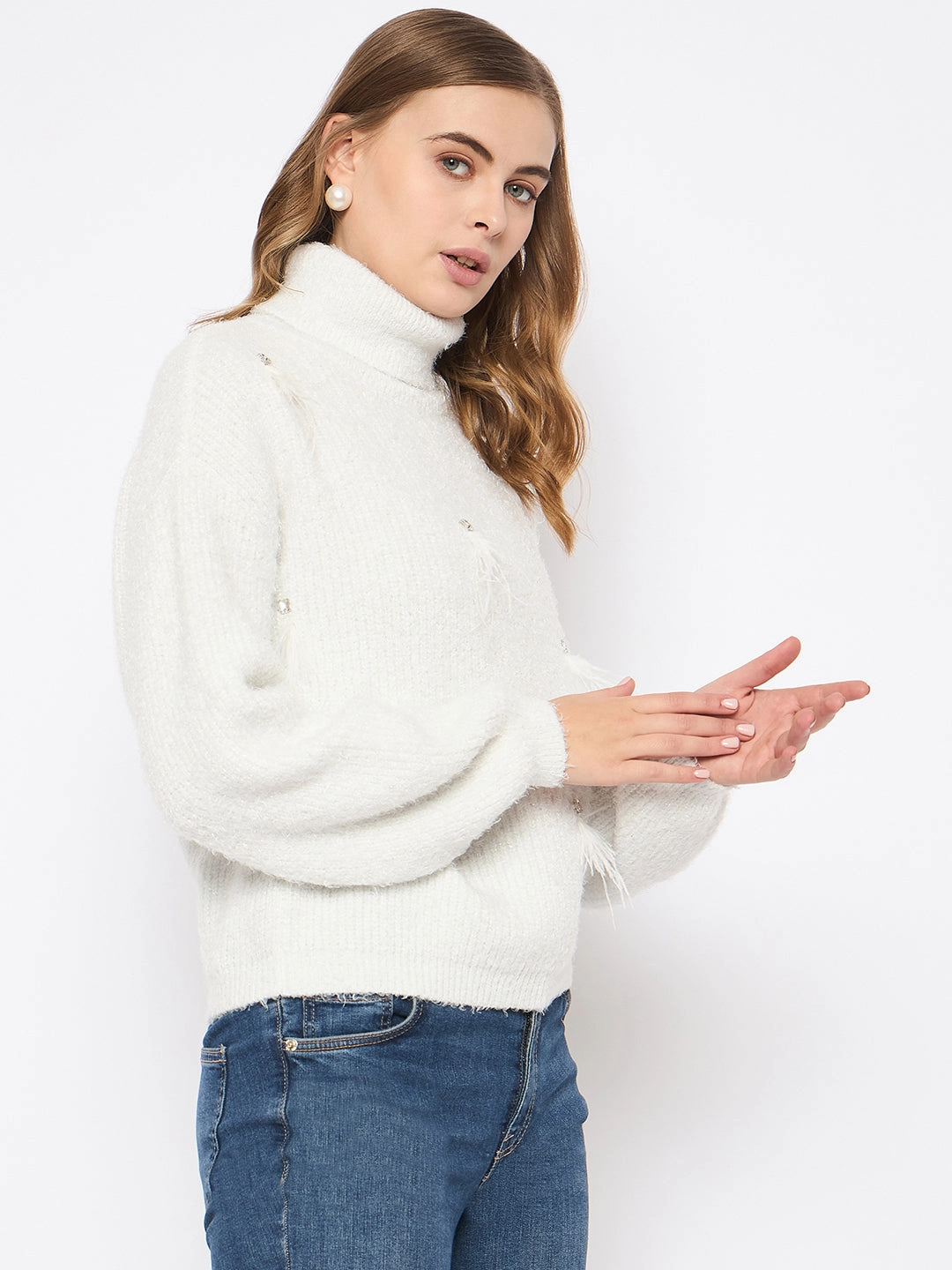 Stretch Comfort Design Performance Layer Fit Madame Embellished Turtleneck Off White Sweater