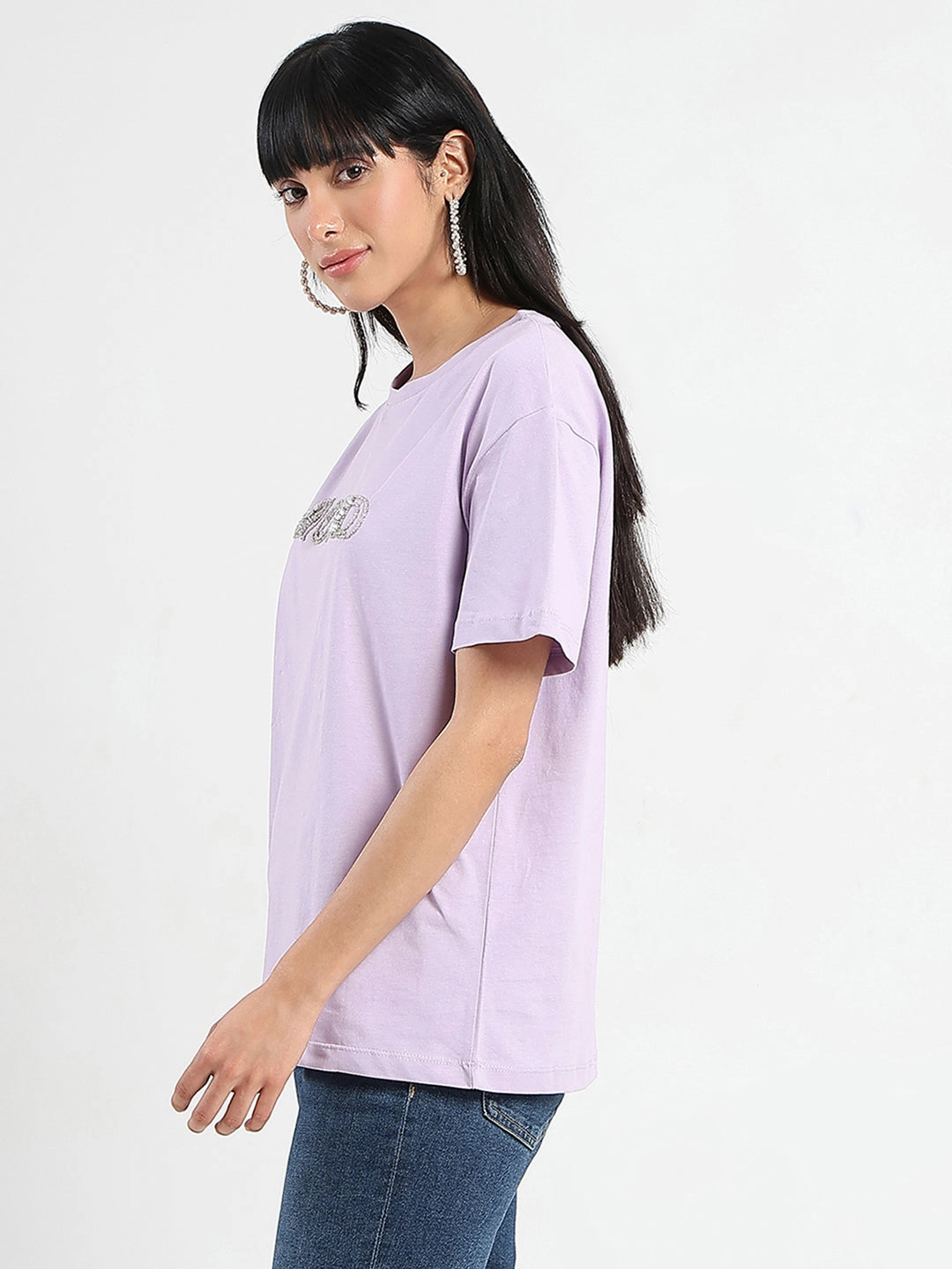 Madame Embellished Typography Lilac Cotton T-Shirt FoamReinforcedCollar