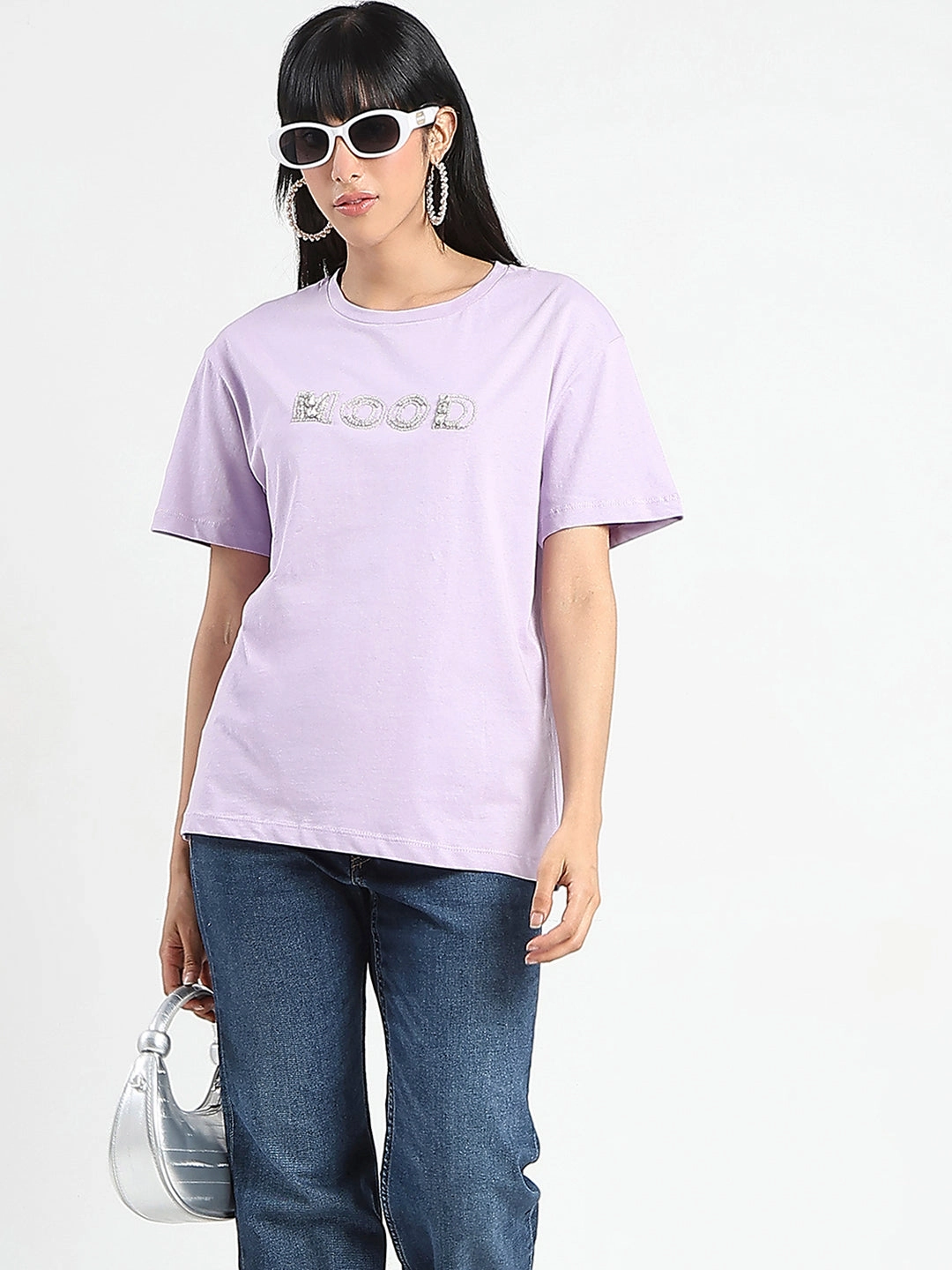 Madame Embellished Typography Lilac Cotton T-Shirt Stretchable Waistband