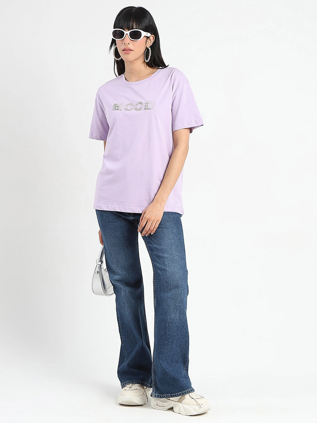Madame Embellished Typography Lilac Cotton T-Shirt Reinforced Shoulders