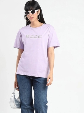 Madame Embellished Typography Lilac Cotton T-Shirt Stretchable Waistband