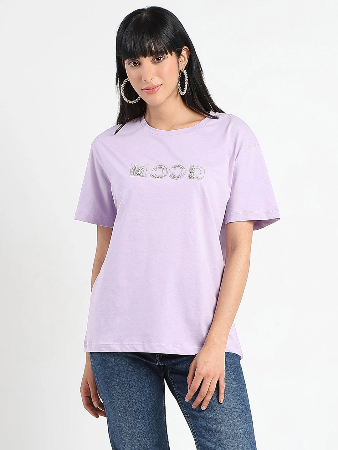 Reinforced Hem DualLayer Weave Madame Embellished Typography Lilac Cotton T-Shirt