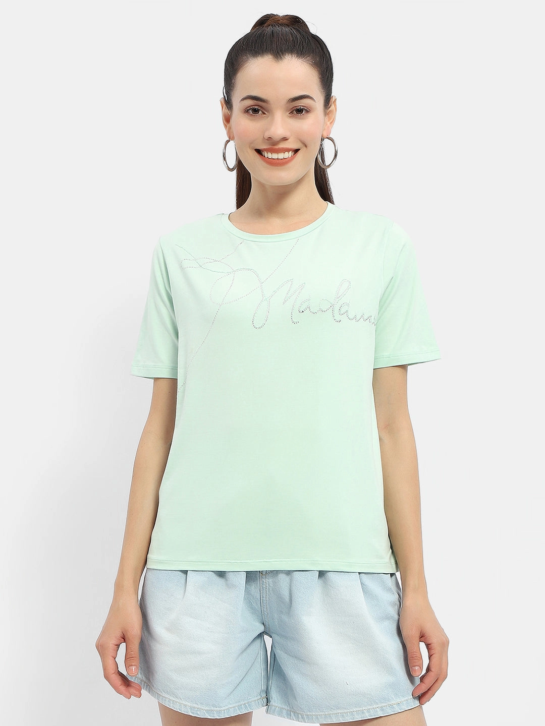 Madame Embellished Typography Mint Regular T-Shirt Rolled Hem Detailing Breathable Mesh Insert