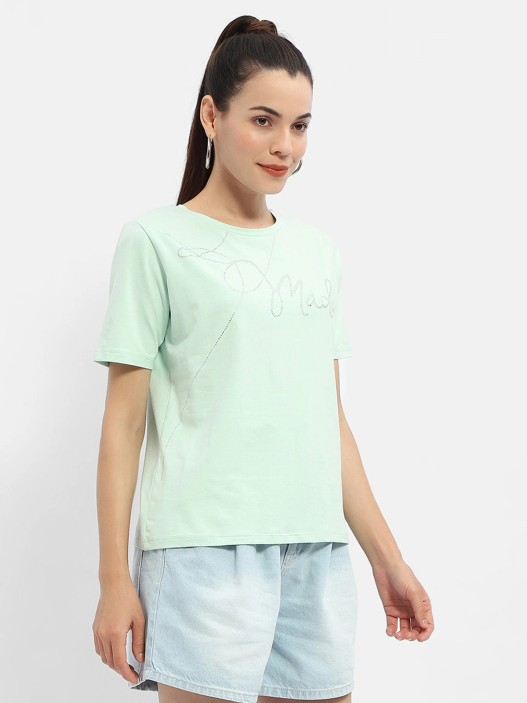 Madame Embellished Typography Mint Regular T-Shirt Breathable Knit Fabric StaticResistant Material