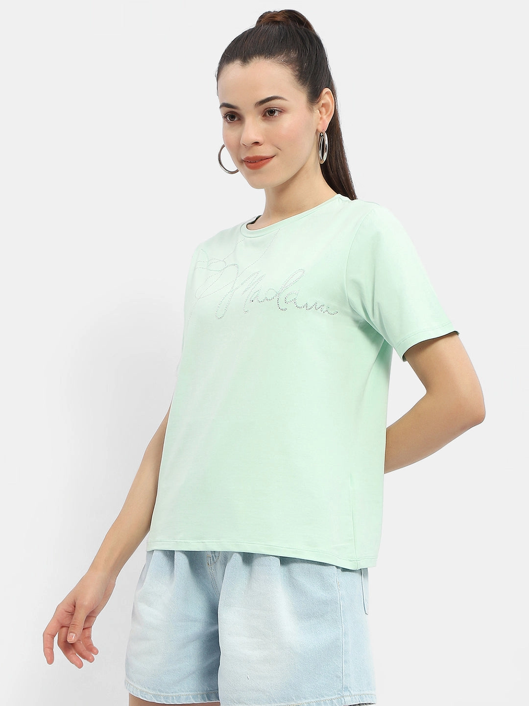 Madame Embellished Typography Mint Regular T-Shirt MultiPocket