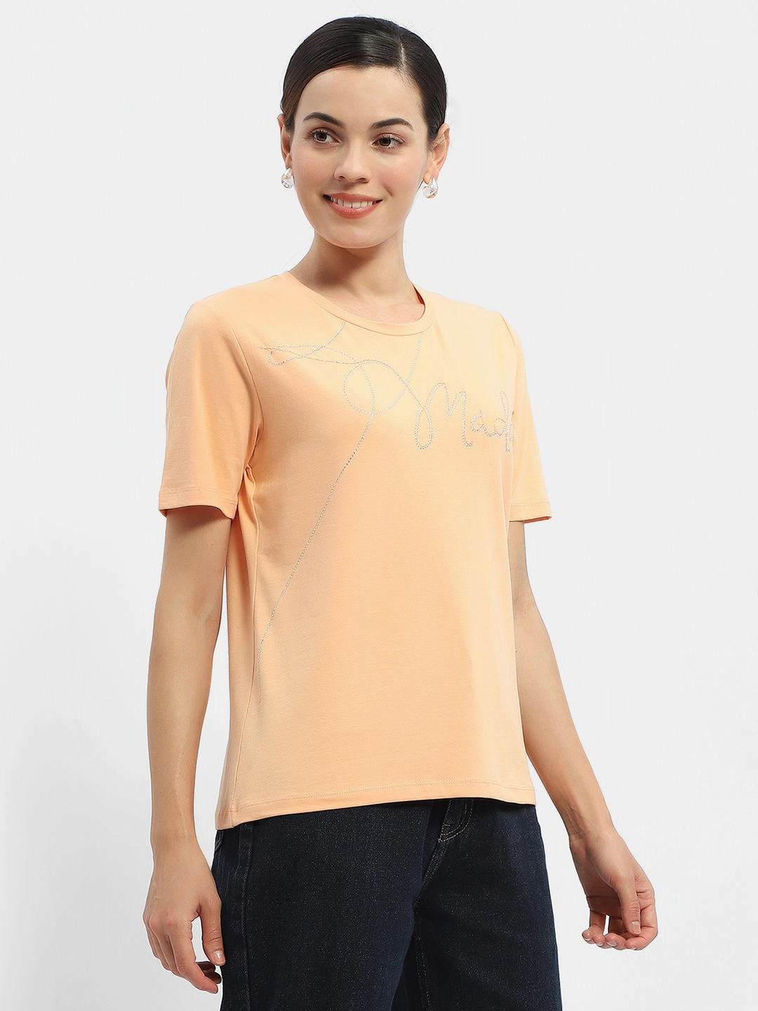 Madame Embellished Typography Peach Regular T-Shirt Minimalist Detailing Flatlock Stitching Technique