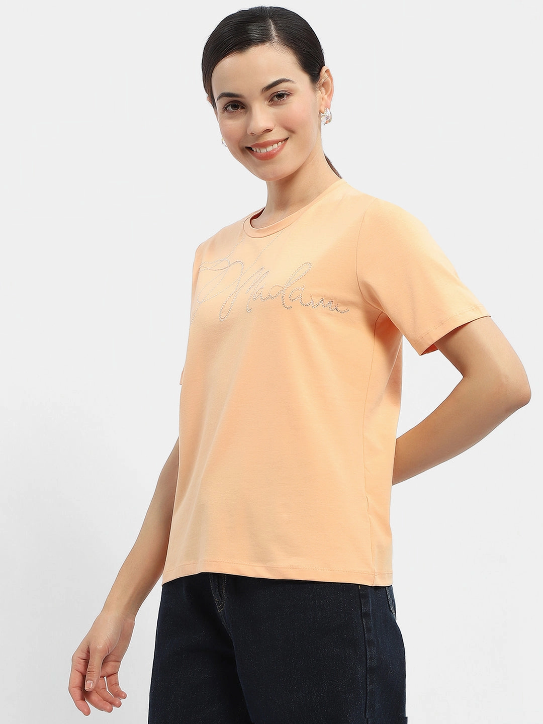 Reinforced Seams Madame Embellished Typography Peach Regular T-Shirt