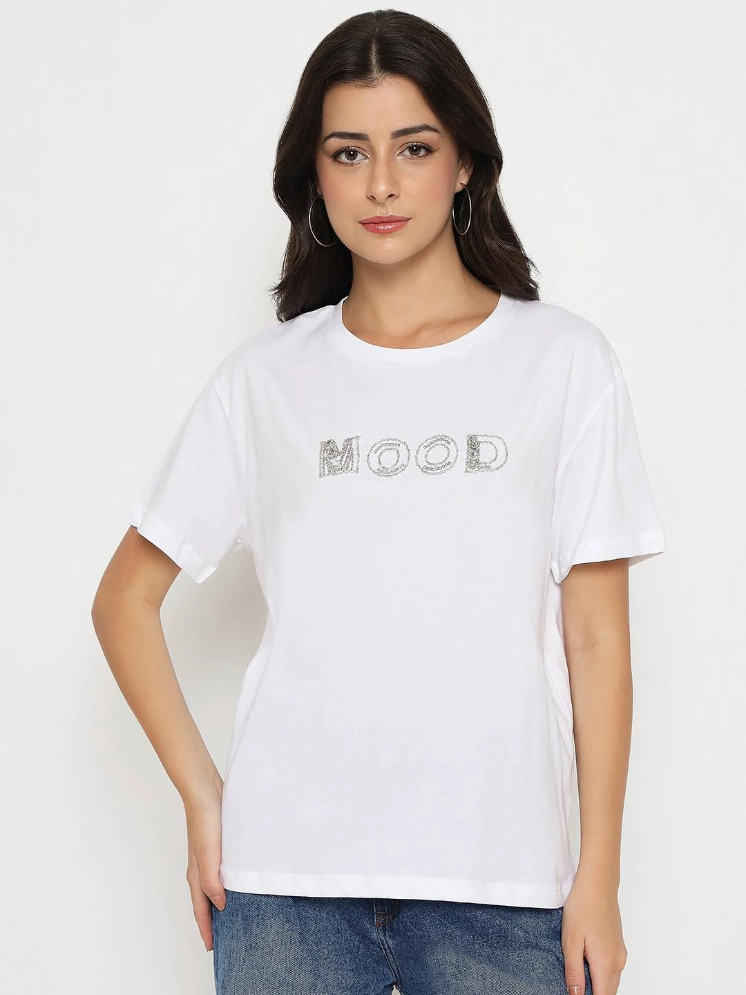 Madame Embellished Typography White Cotton T-shirt Anti Static Treatment