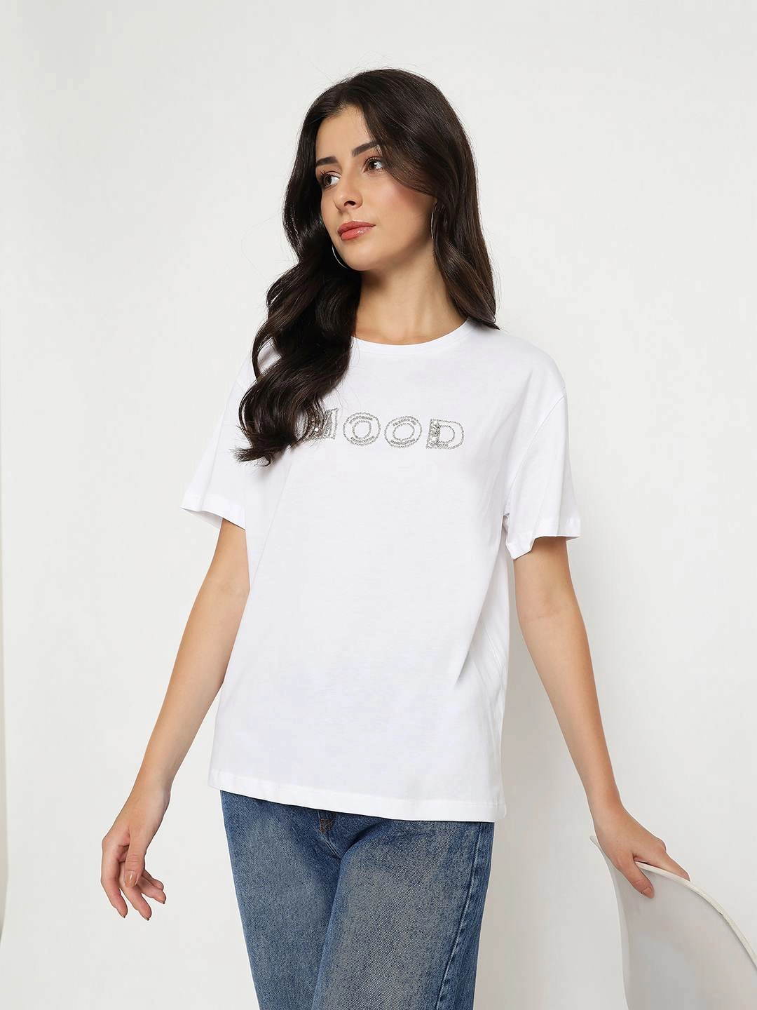 Madame Embellished Typography White Cotton T-shirt EcoFriendlyMaterial Denim Shirt