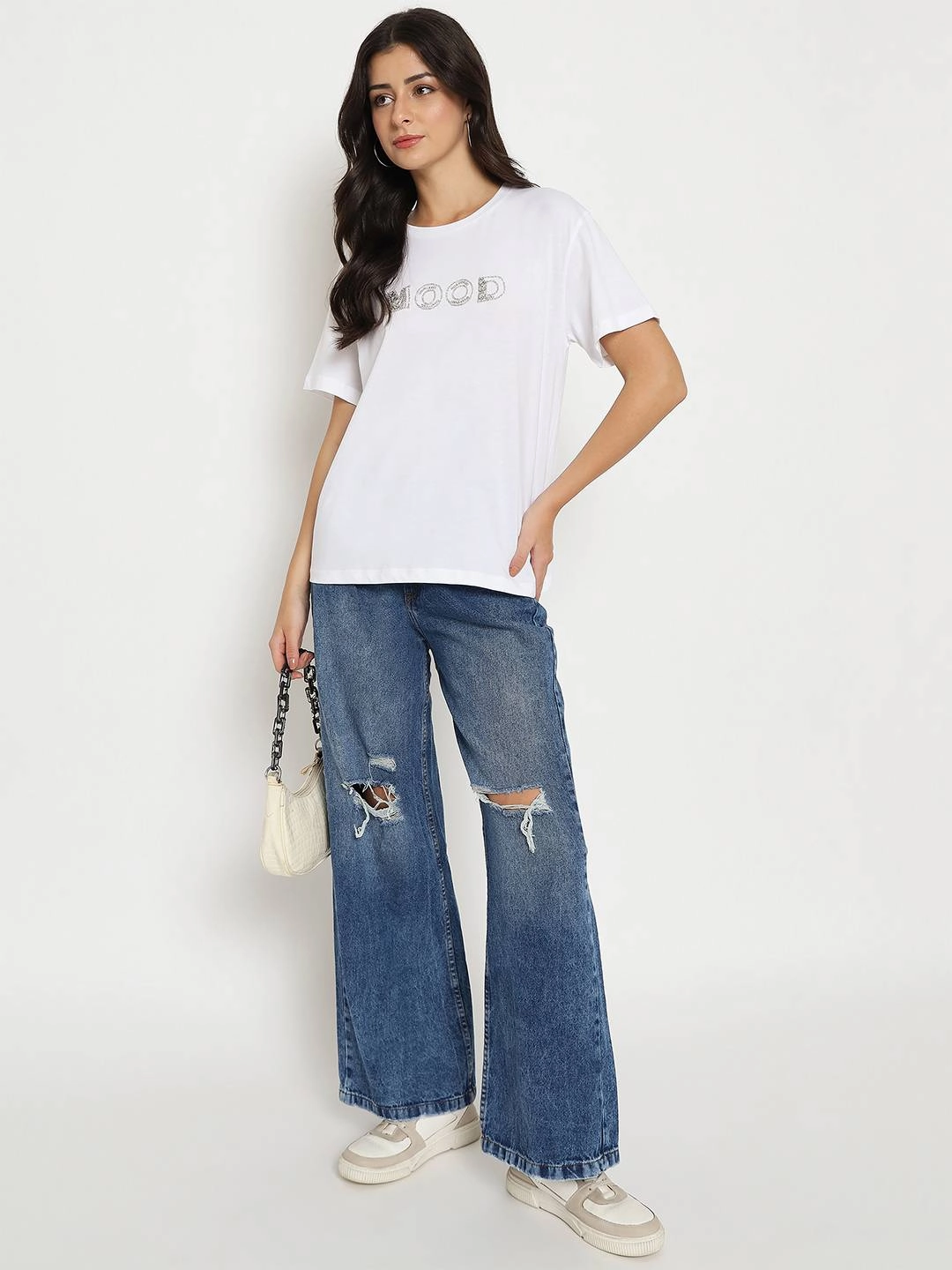 Madame Embellished Typography White Cotton T-shirt AbrasionResistant Finish LightweightLayeringSystem