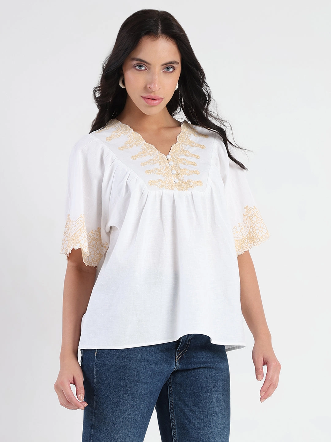 Madame Embroidered Detail Off White Viscose Blend Top RollUpSleeves AntiPillingTechnology