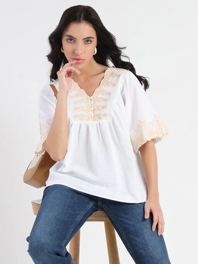 BreathableBackVents Buttonless Closure Madame Embroidered Detail Off White Viscose Blend Top