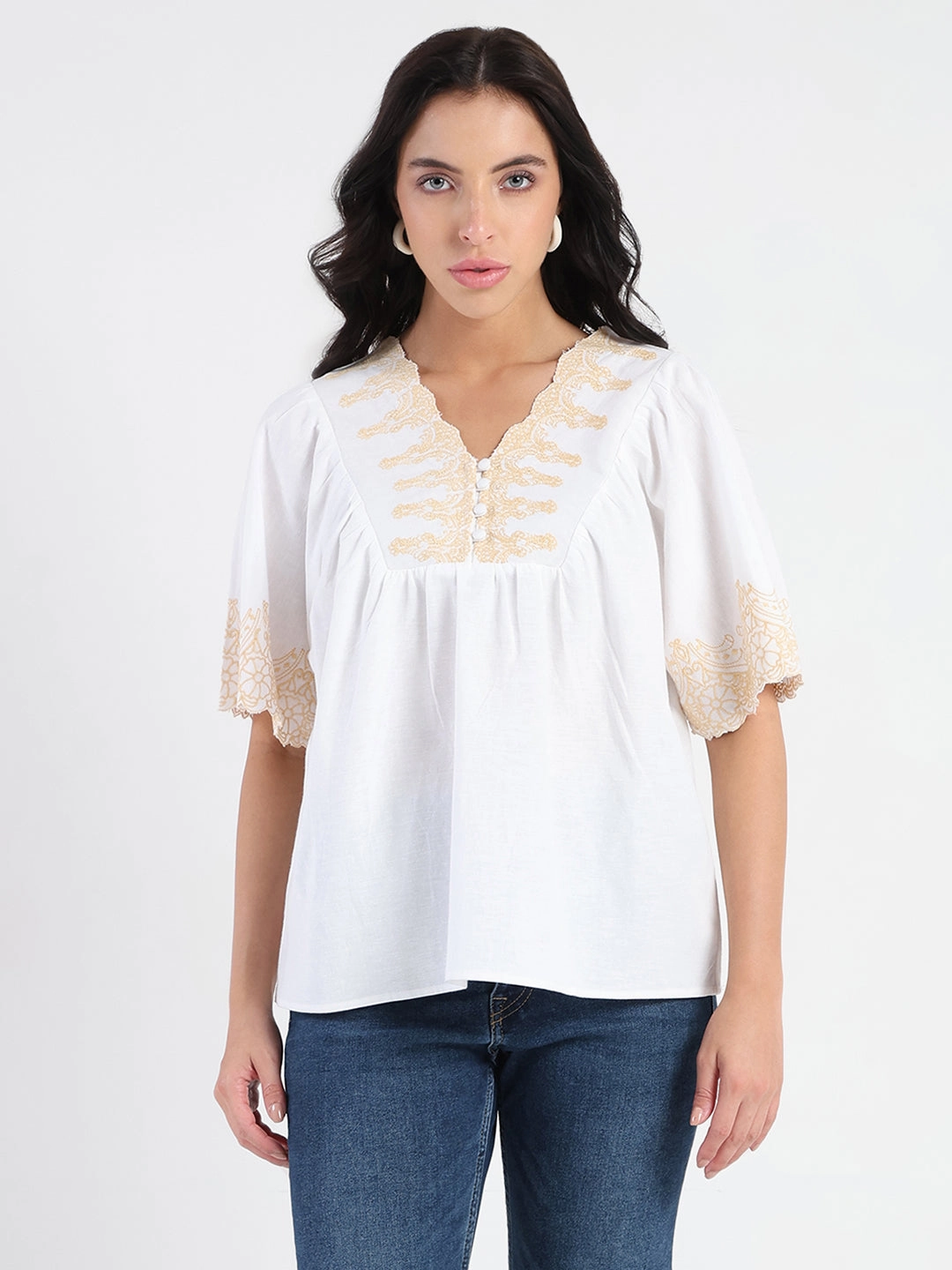 Madame Embroidered Detail Off White Viscose Blend Top AntiSnag Fabric