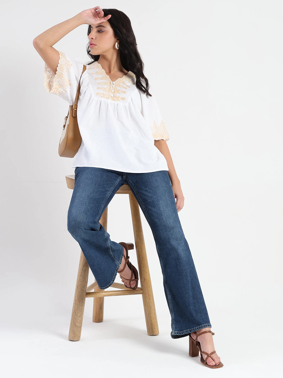 Madame Embroidered Detail Off White Viscose Blend Top Breathable Lining Layered Ply Construction