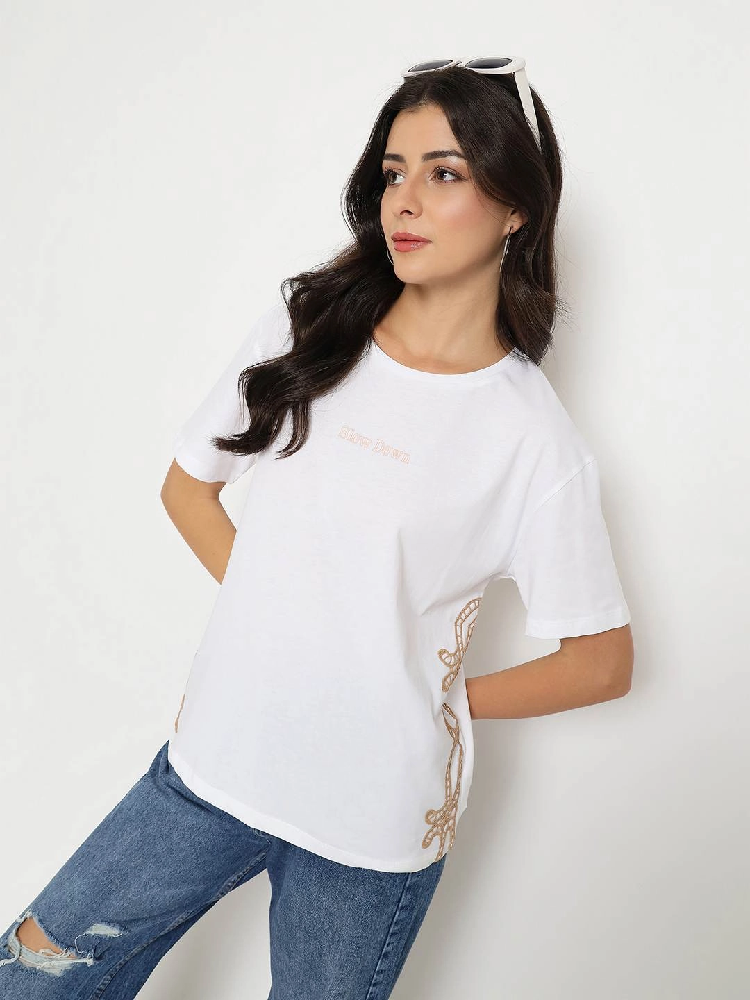LowImpact Dye Process Layered Collar Madame Embroidered Half Sleeve White Cotton T-shirt