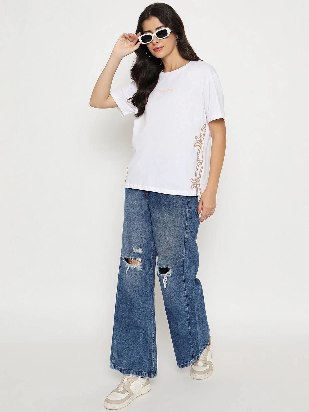 Cooling Technology Madame Embroidered Half Sleeve White Cotton T-shirt