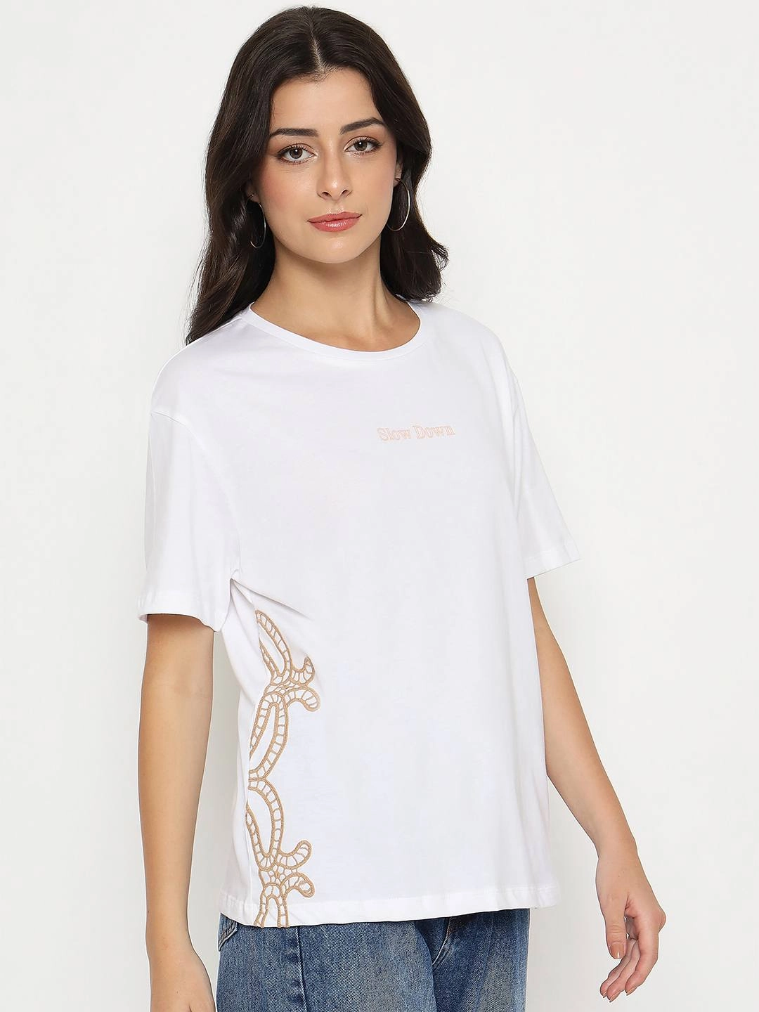Adjustable Shoulder Straps WrinkleResistantFinish Madame Embroidered Half Sleeve White Cotton T-shirt