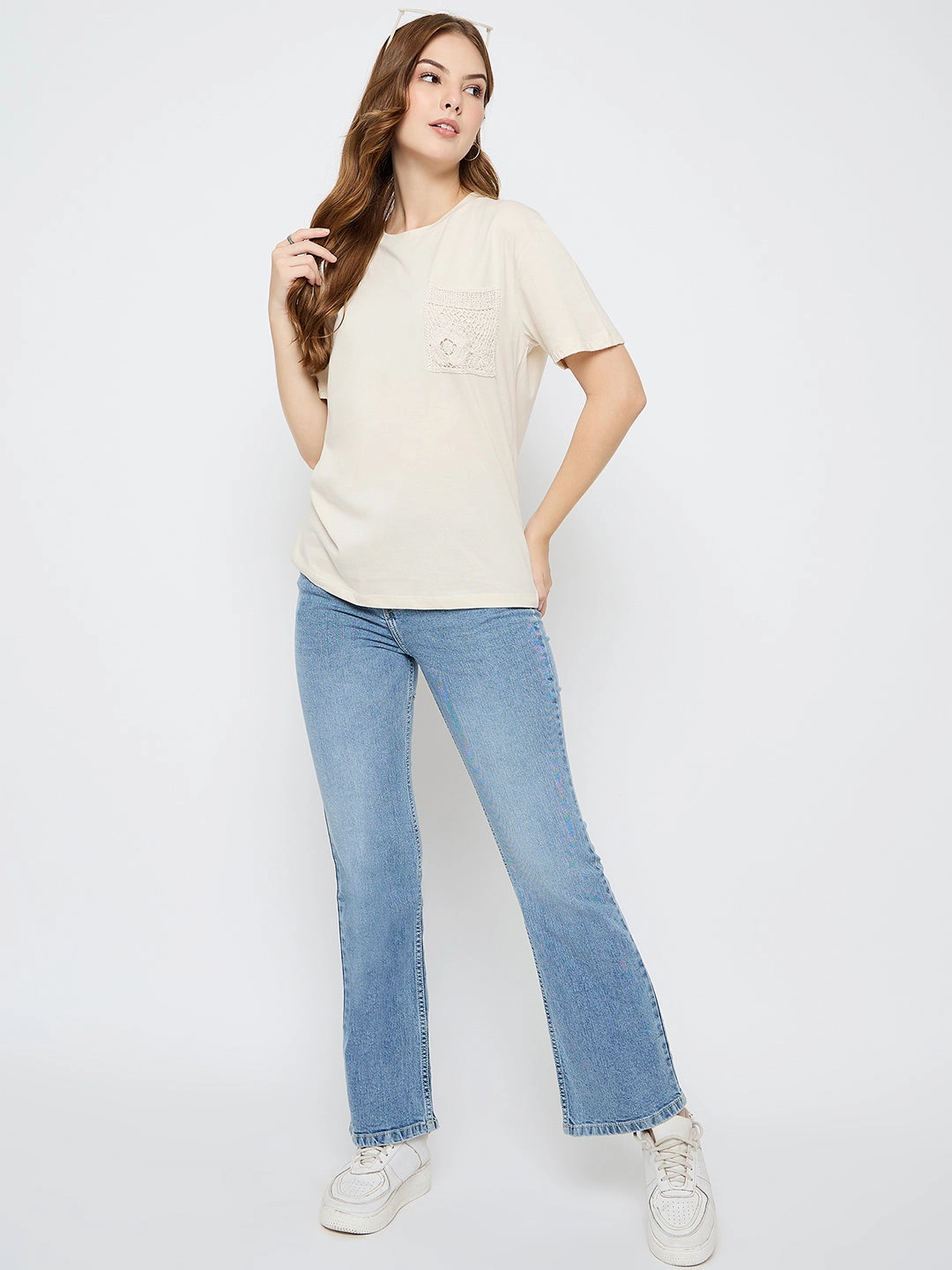 Madame Embroidered Patch Pocket Beige Cotton T-shirt MoistureControl