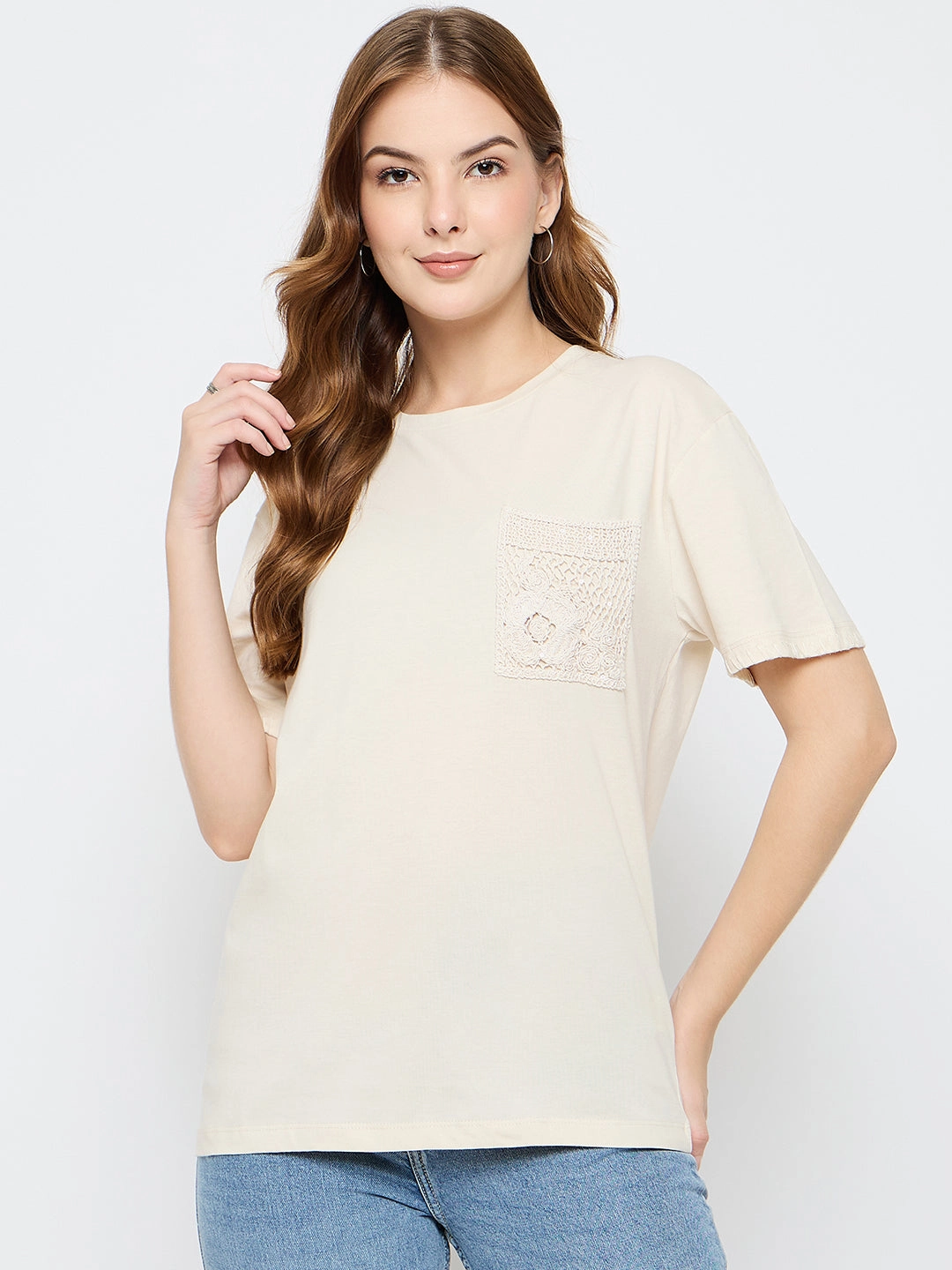 Madame Embroidered Patch Pocket Beige Cotton T-shirt MicrofiberBlend