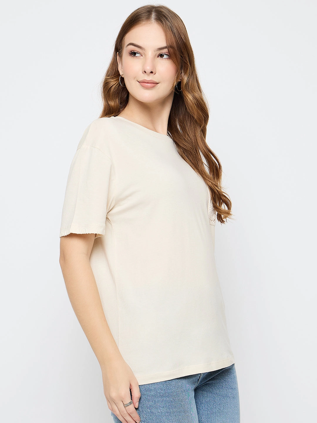 Double Stitched Hems Madame Embroidered Patch Pocket Beige Cotton T-shirt