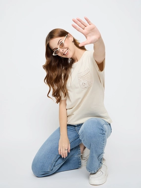 Madame Embroidered Patch Pocket Beige Cotton T-shirt Summer Wardrobe