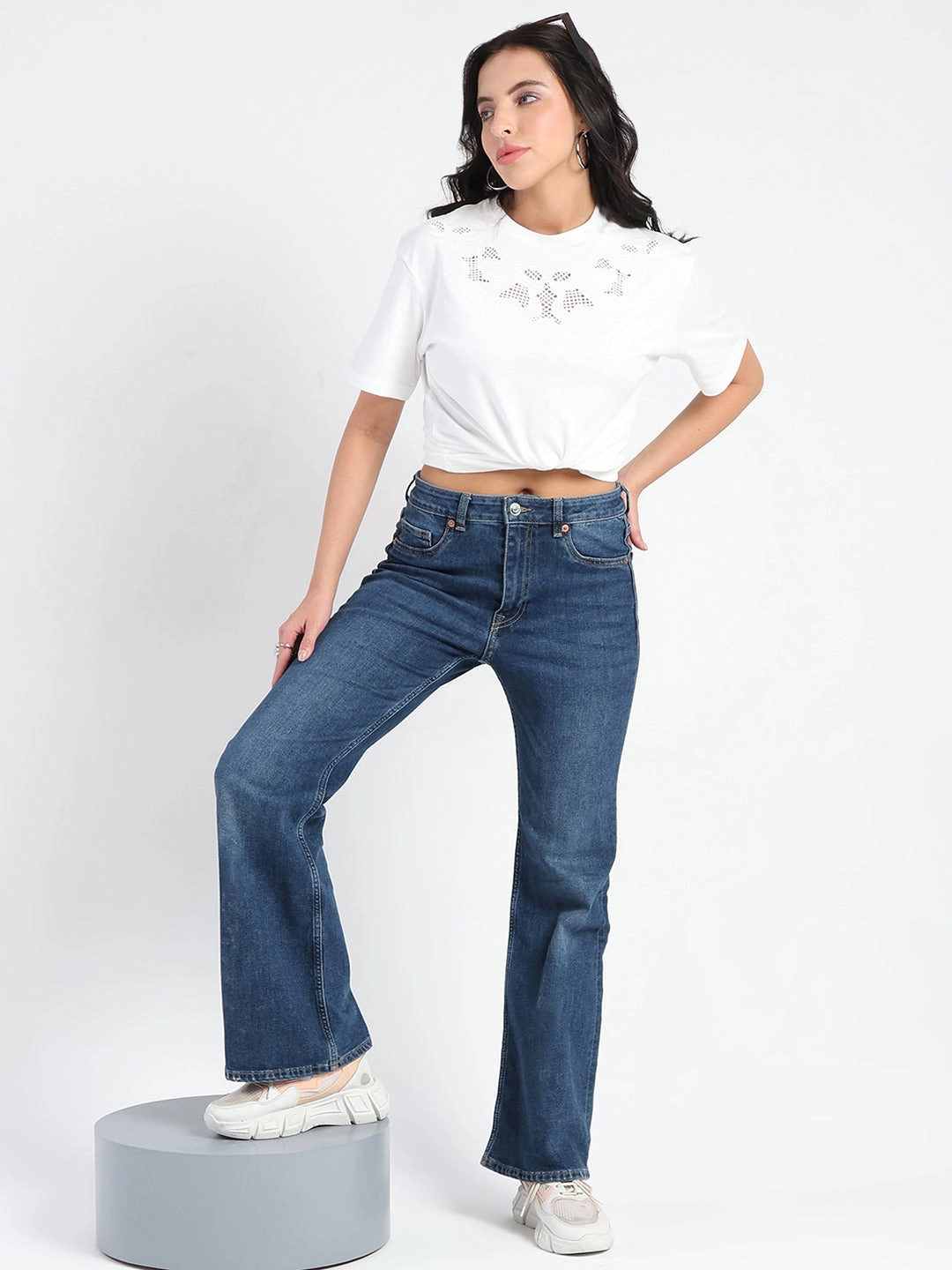 Madame Embroidered Round Neck White Cotton Lycra T-shirt MicrofiberTech