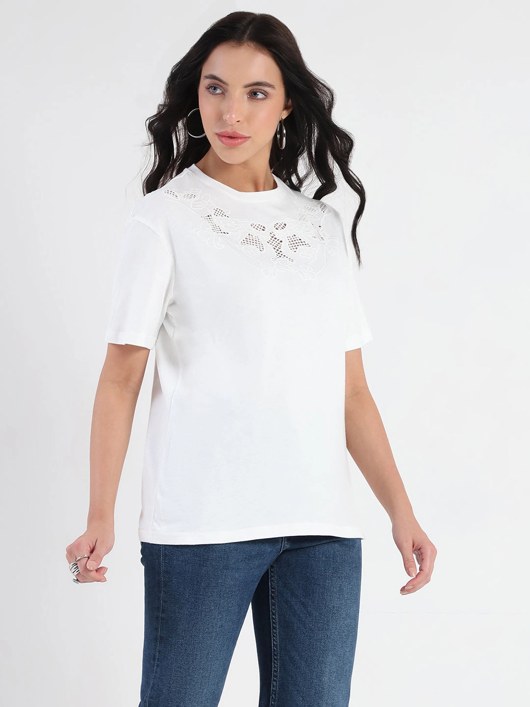 Madame Embroidered Round Neck White Cotton Lycra T-shirt TexturedSurface Garment Washed Softness