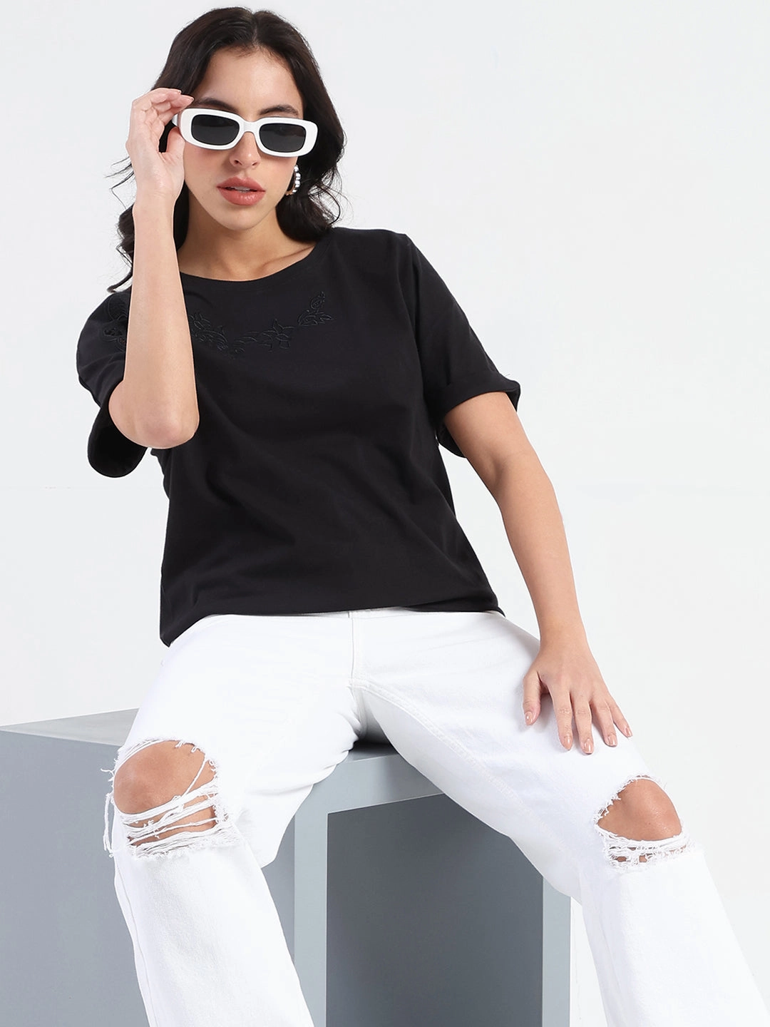 FadeResistantTechnology Madame Embroidery Cutwork Detail Solid Black Cotton T-shirt