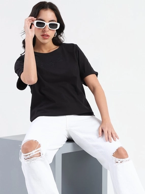 FadeResistantTechnology Madame Embroidery Cutwork Detail Solid Black Cotton T-shirt