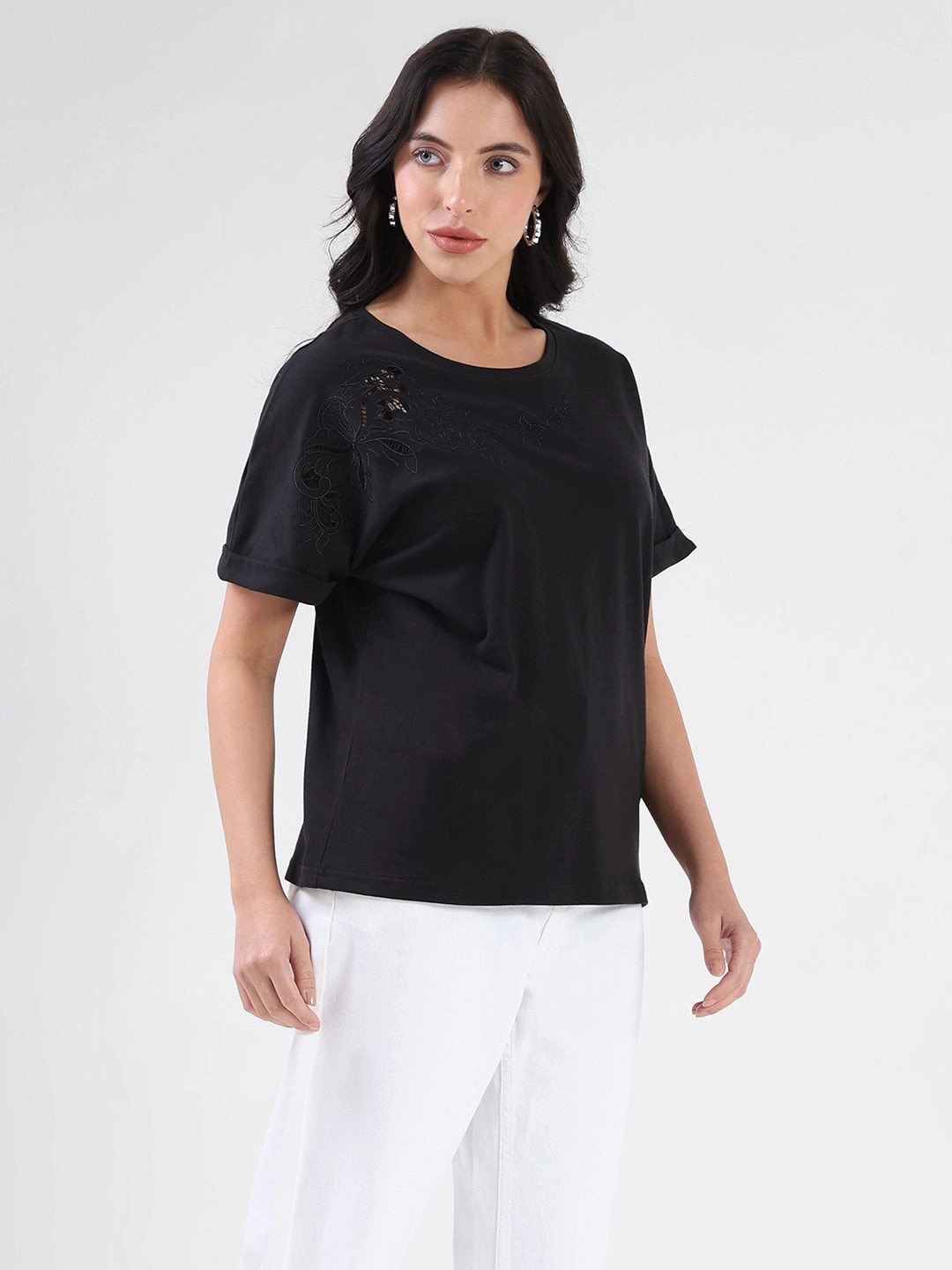 Madame Embroidery Cutwork Detail Solid Black Cotton T-shirt LayeredNeckline Stretch Blouse