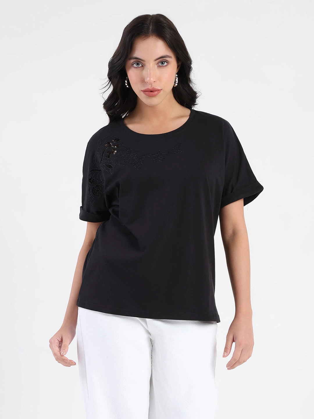Friction Resistant Finish Breathable Linen Blend Madame Embroidery Cutwork Detail Solid Black Cotton T-shirt