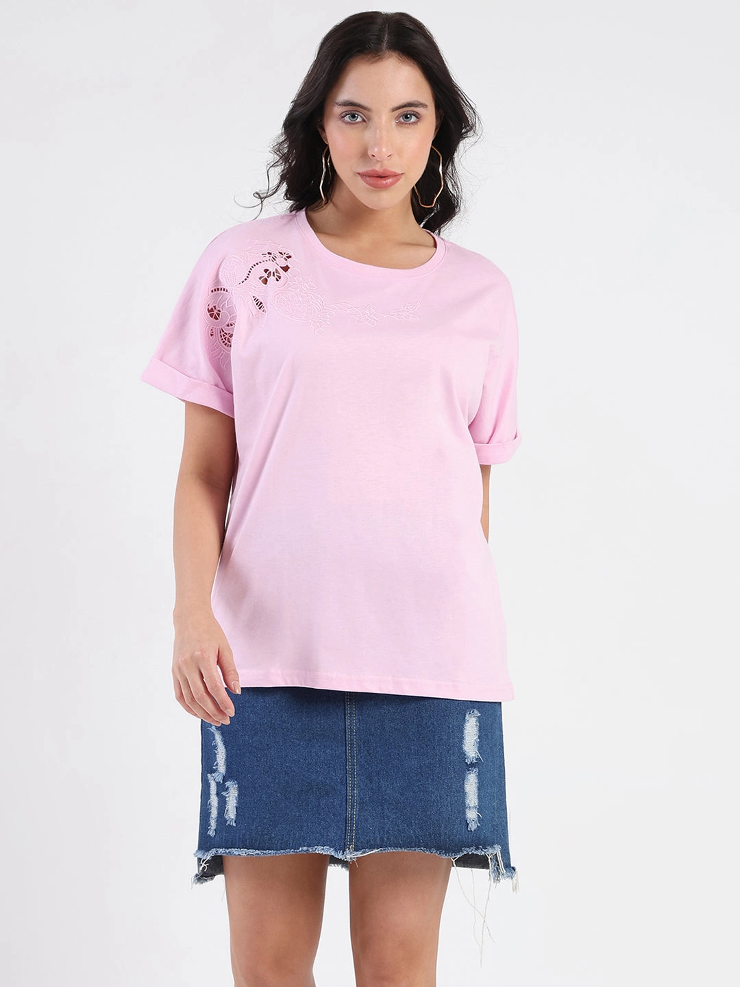 BreathableMaterial Madame Embroidery Cutwork Detail Solid Lilac Cotton T-shirt