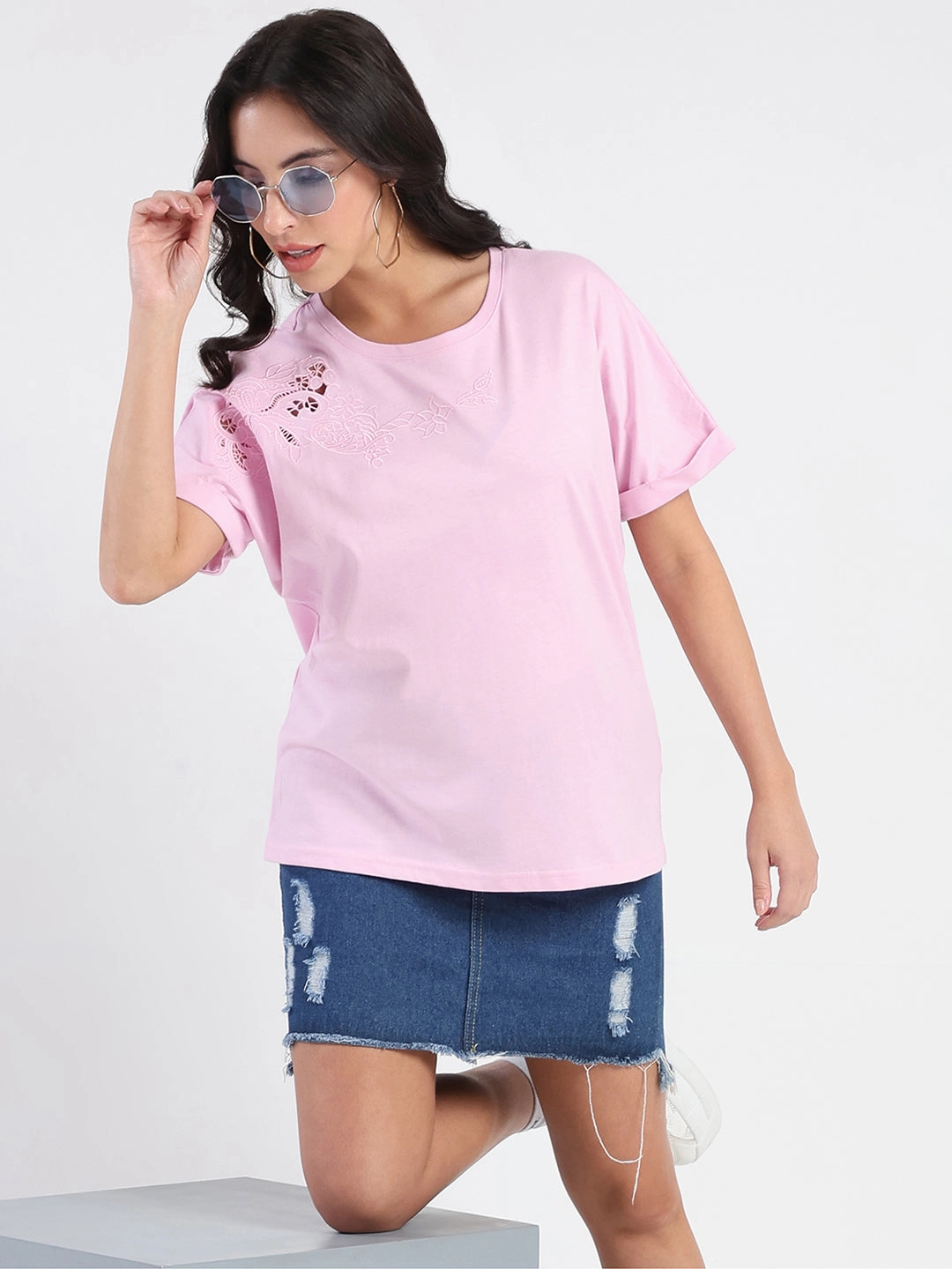 Madame Embroidery Cutwork Detail Solid Lilac Cotton T-shirt DoubleLayered