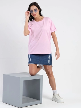 Madame Embroidery Cutwork Detail Solid Lilac Cotton T-shirt Sleeveless Tee Moisture Control Lining