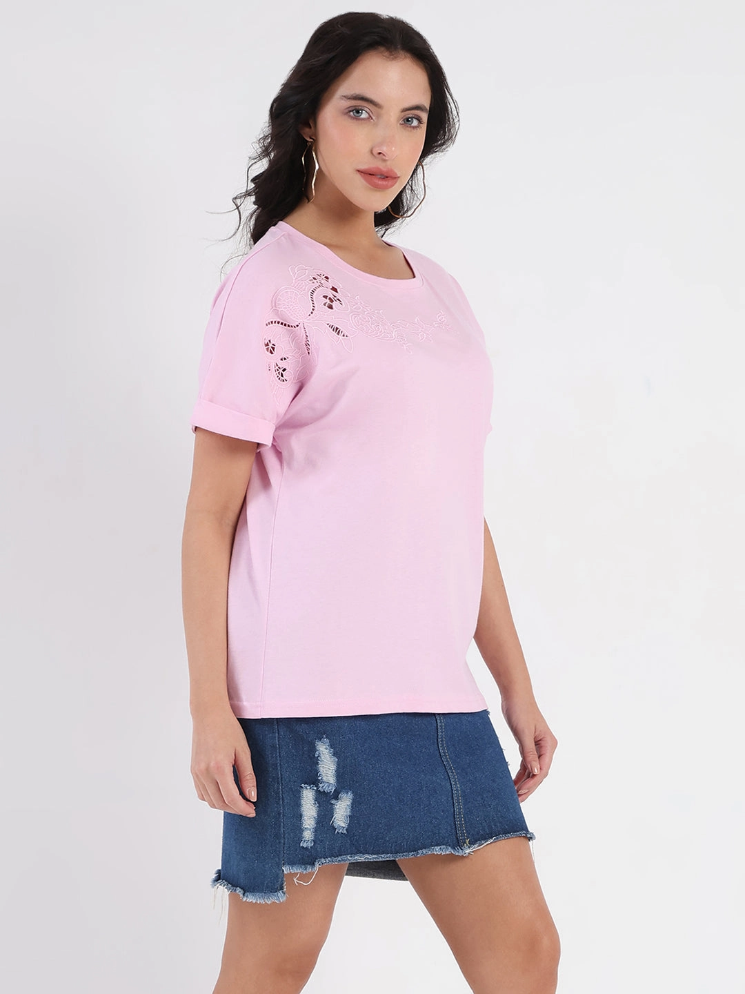 Madame Embroidery Cutwork Detail Solid Lilac Cotton T-shirt StainResistantFinish