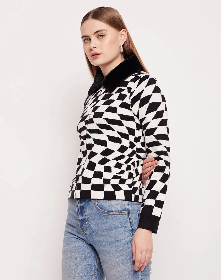 Timeless Comfort Madame Faux Fur Collar And Cuffs Geometric Print Off-White Sweater