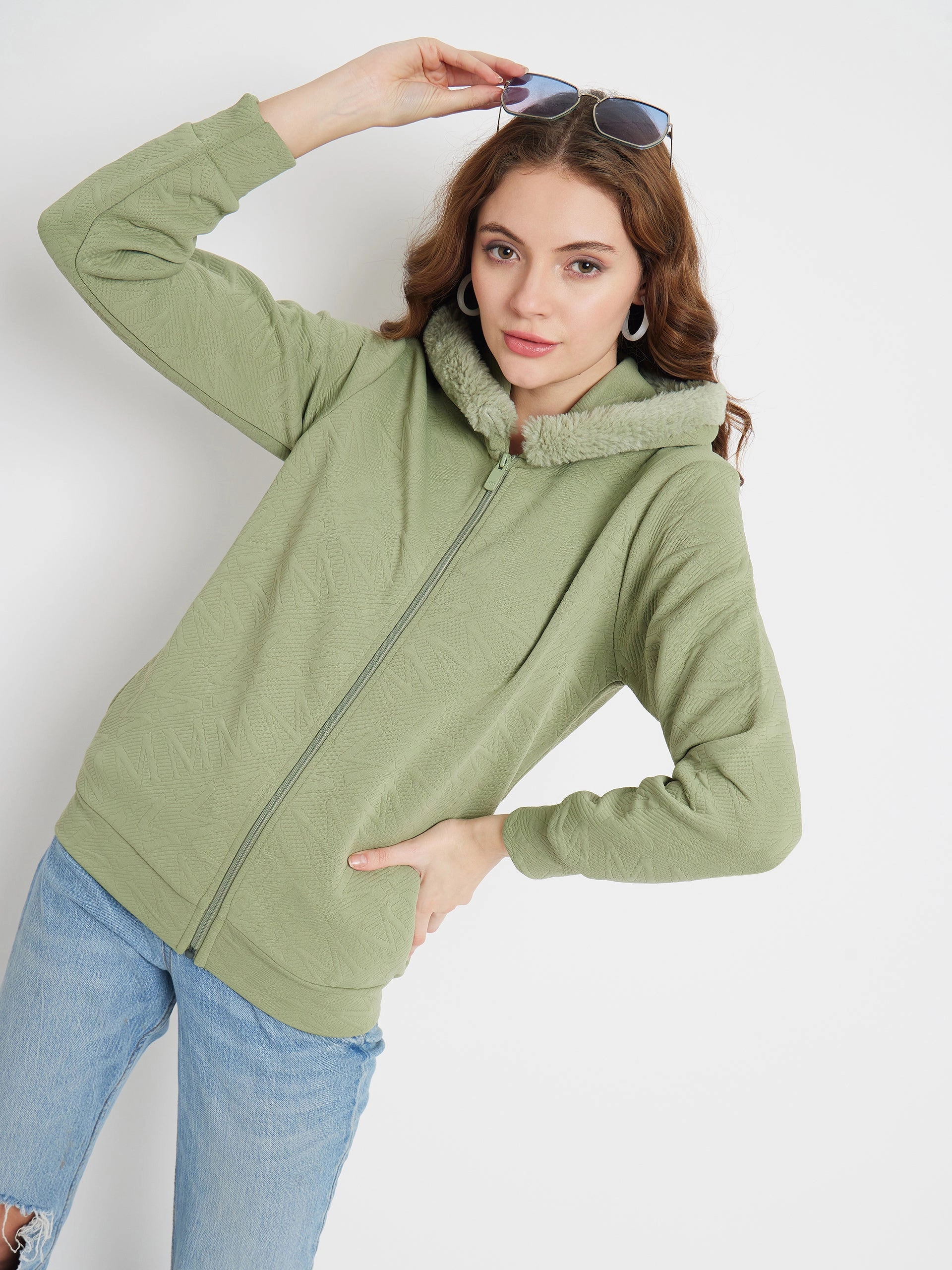 Madame Faux Fur Hood Applpe Green Sweatshirt Stylish Comfort product office appropriateness