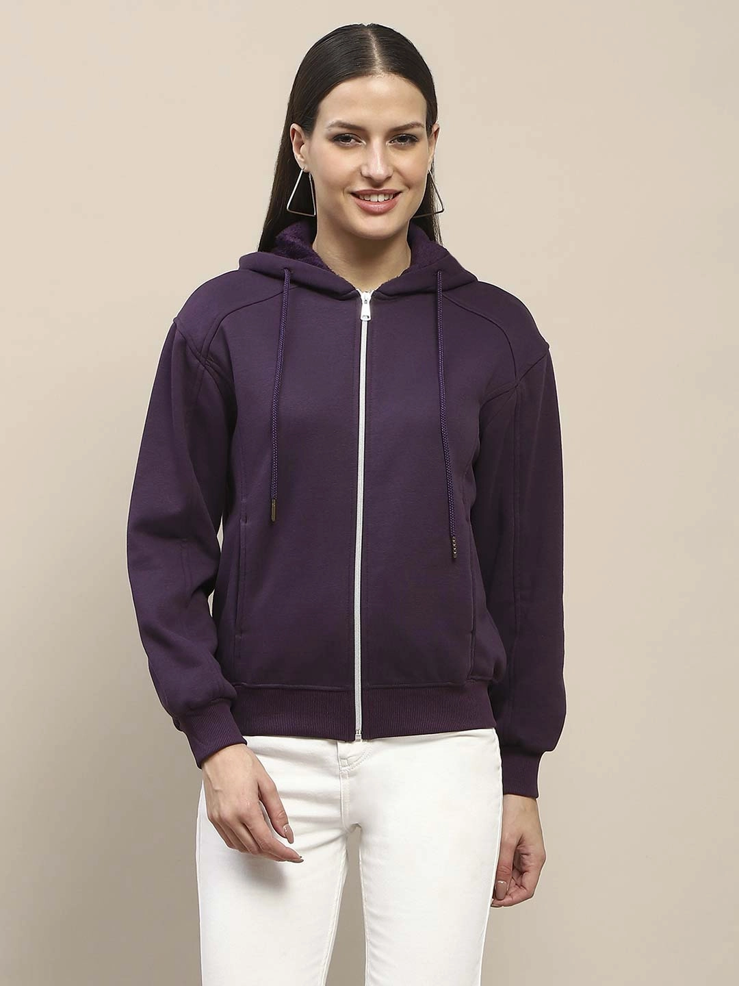 Casual Style Madame Fleece Cut And Sew Detailed Zipped Purple Hoodie