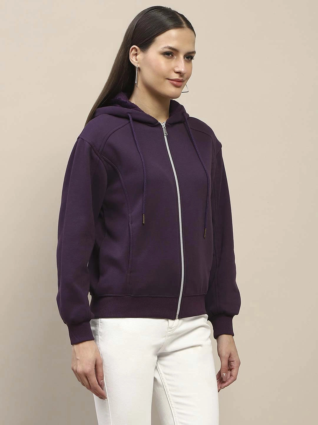 Madame Fleece Cut And Sew Detailed Zipped Purple Hoodie product UV resistant protection product embroidery artistry