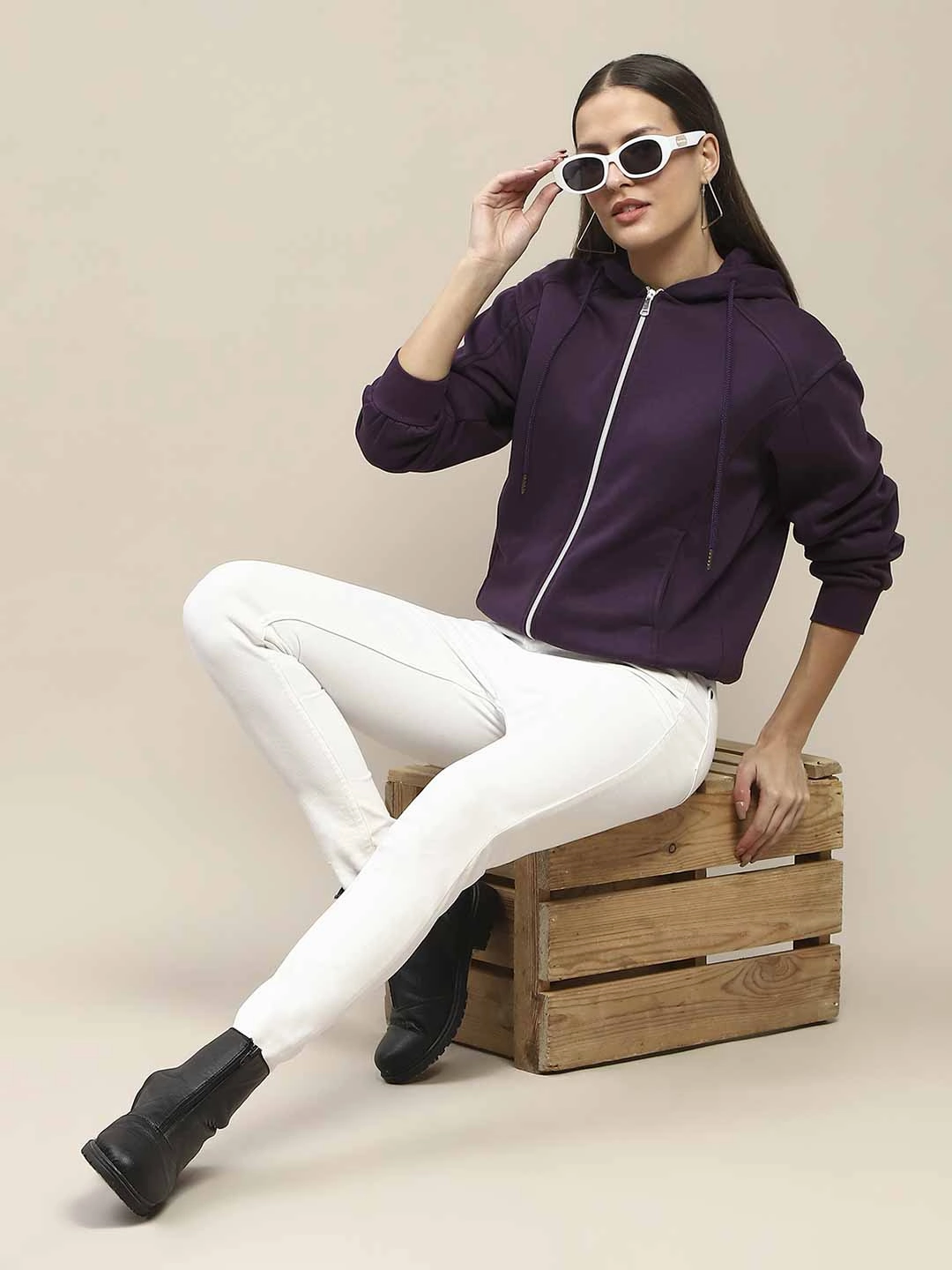 product running suitability Madame Fleece Cut And Sew Detailed Zipped Purple Hoodie